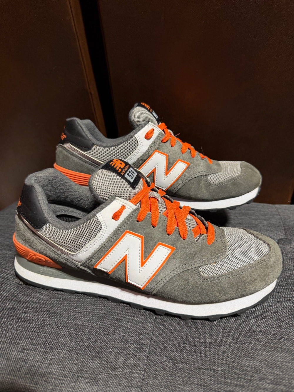 New Balance Gray Suede & Mesh Sneakers with Orange Accents